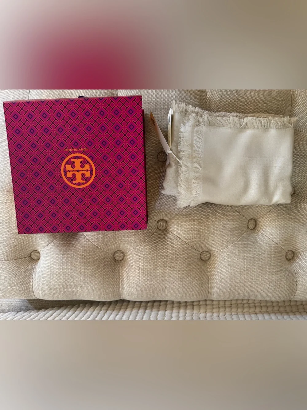 Tory Burch Cream Logo Jacquard Fringe Scarf